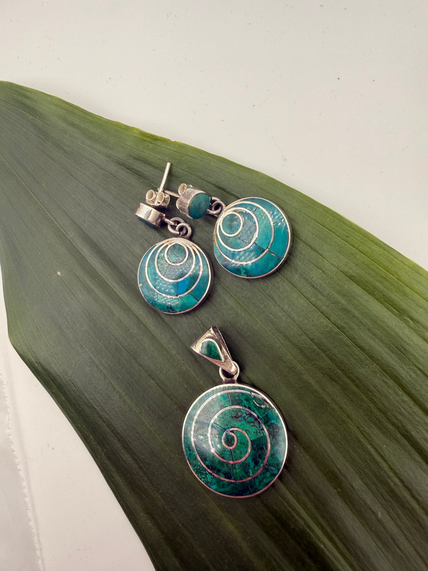 Chrysocolla spiral Earrings and Pendant set